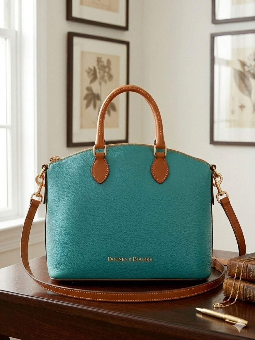 Dooney & Bourke Discontinued DOMED SATCHEL GX968 RW Turquoise Teal Brown Leather